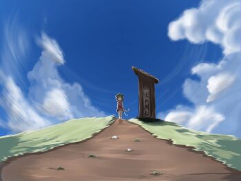 1girl animal_ears blue_sky brown_hair cat_ears cat_girl cat_tail chen cloud commentary_request day full_body grass green_hat hat looking_at_viewer mob_cap nawo_(peace) outdoors path red_shirt red_skirt road shirt short_hair skirt sky solo tail touhou wide_shot