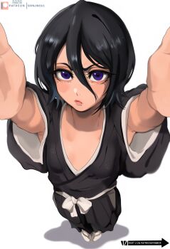 1girl artist_name black_hair bleach blue_eyes breasts closed_mouth collarbone female_focus full_body japanese_clothes kuchiki_rukia lady_shin lips looking_at_viewer medium_hair paid_reward_available patreon_username shihakusho small_breasts solo solo_focus standing wide_sleeves