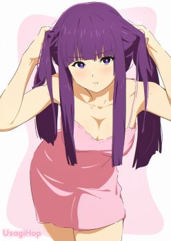 1girl :t bare_arms blunt_bangs breasts cleavage closed_mouth collarbone commentary_request fern_(sousou_no_frieren) hands_in_own_hair highres large_breasts leaning_forward light_blush long_hair looking_at_viewer nightgown pout puffy_cheeks purple_eyes purple_hair simple_background sousou_no_frieren thighs twintails usagihop