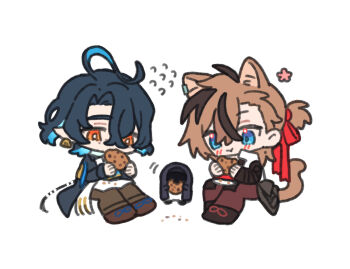 1other 2boys ahoge animal_ears arknights black_hair blue_eyes blue_hair brown_hair brown_pants cat_boy cat_ears cat_tail chibi chickenuma_0 commentary_request cookie doctor_(arknights) earrings eating flying_sweatdrops food hair_between_eyes hair_ribbon holding holding_food jewelry lumen_(arknights) male_focus multicolored_hair multiple_boys orange_eyes pants pointy_ears red_ribbon ribbon simple_background sitting stainless_(arknights) streaked_hair tail white_background