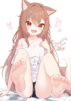 1girl animal_ear_fluff animal_ears barefoot black_shorts brown_hair commentary_request fangs feet hair_ornament highres long_hair looking_at_viewer original rade_(rade_552) red_eyes shirt short_shorts shorts soles solo tail toes watermark white_shirt wolf_ears wolf_girl wolf_tail