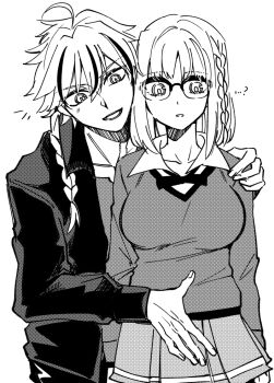 Rule 34 | ...?, 1boy, 1girl, ahoge, blush, braid, braided ponytail, collared shirt, fate/strange fake, fate (series), glasses, greyscale, jacket, medium hair, monochrome, multicolored hair, open mouth, r183g247b0, richard i (fate), sajou ayaka (fate/strange fake), shirt, side braid, simple background, single braid, smile, streaked hair, sweater, upper body, white background