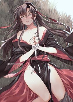 1boy ahoge androgynous bare_legs bare_shoulders bdsm black_hair black_hanfu blush bondage bound bound_arms bound_wrists chinese_clothes clothes_pull collarbone crying crying_with_eyes_open feet_out_of_frame grass grey_eyes hair_between_eyes hair_ribbon hair_spread_out hanfu hickey highres implied_yaoi long_hair long_sleeves looking_at_viewer lying male_focus modao_zushi nipple_slip nipples no_panties off_shoulder on_back on_grass open_clothes open_mouth open_robe outdoors pants pants_pull ponytail red_ribbon red_sash restrained ribbon robe sash sidelocks solo sweat tears trap twitter_username very_long_hair wei_wuxian wide_sleeves yaichi00