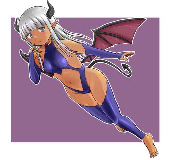 Rule 34 | 1girl, :p, bare shoulders, barefoot, bat wings, black horns, blue eyes, blush, breasts, bridal gauntlets, clothing cutout, dark-skinned female, dark elf, dark skin, demon girl, demon horns, elf, full body, grey hair, halloween, halloween costume, highres, horns, karla (kono healer mendokusai), kono healer mendokusai, leggings, leotard, looking at viewer, low wings, midair, navel, official art, pointy ears, purple background, purple leggings, purple leotard, revealing clothes, sleeveless, small breasts, solo, stomach cutout, tannen ni hakkou, tongue, tongue out, wings