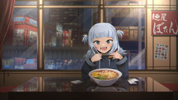 1girl absurdres advarcher blue_eyes blue_hair blue_hoodie blunt_bangs bowl chopsticks city cityscape drooling eating food gawr_gura hair_ornament highres holding holding_chopsticks holding_spoon hololive hololive_english hood hoodie indoors long_sleeves medium_hair mouth_drool multicolored_hair noodles open_mouth ramen reflection reflective_table restaurant scenery shark_girl shark_hair_ornament sharp_teeth sidelocks silver_hair solo spoon streaked_hair table teeth two_side_up virtual_youtuber wide_sleeves