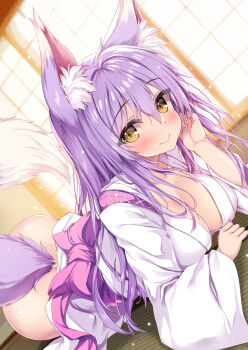animal_ears ass blush bottomless bow breasts brown_eyes cleavage closed_mouth commentary_request fox_ears fox_girl fox_tail hair_between_eyes hand_up highres japanese_clothes kimono large_breasts long_hair long_sleeves looking_at_viewer miko on_floor original pink_bow purple_hair smile solo tail tatami tateha_(marvelous_grace) very_long_hair white_kimono wide_sleeves