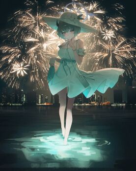 Rule 34 | 1girl, absurdres, aerial fireworks, armband, bag, bare shoulders, barefoot, black horns, blue archive, breasts, building, city, city lights, cityscape, commentary, demon girl, demon horns, dress, dress ribbon, fireworks, flower, frilled armband, frills, grey halo, halo, hand up, hat, hat flower, highres, holding, holding shoes, holding unworn clothes, horns, large breasts, looking at viewer, night, night sky, official alternate costume, on water, orange eyes, outdoors, parted lips, sena (blue archive), sena (casual) (blue archive), shoes, short hair, shoulder bag, sky, skyline, skyscraper, sla2h help, solo, standing, sun hat, sundress, unworn shoes, wading, water, white armband, white bag, white dress, white hair, white hat