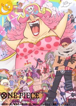 Rule 34 | 6+boys, 6+girls, arms up, bibuo, blonde hair, bracelet, brown gloves, charlotte amande, charlotte angel, charlotte bavarois, charlotte brulee, charlotte cinnamon, charlotte citron, charlotte compote, charlotte cracker, charlotte custard, charlotte daifuku, charlotte flampe, charlotte katakuri, charlotte linlin, charlotte mont-d'or, charlotte moscato, charlotte opera, charlotte oven, charlotte perospero, charlotte poire, charlotte pudding, charlotte smoothie, chest tattoo, cloud, commentary request, copyright name, crossed arms, crossed legs, cup, dress, gloves, hat, holding, holding cup, jewelry, large hat, leg tattoo, long hair, looking at viewer, multiple boys, multiple girls, multiple rings, napoleon (one piece), official art, one piece, one piece card game, orange hair, pink dress, pink hair, ponytail, prometheus (one piece), purple hair, red lips, ring on every finger, smile, spiked bracelet, spikes, streusen, tattoo, zeus (one piece)