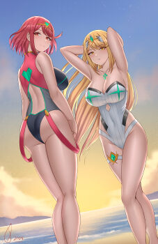 2girls absurdres ass beach blonde_hair breasts cleavage cloud day dutch_angle female_focus ghonky highres large_breasts long_hair looking_at_viewer matching_hair/eyes multiple_girls mythra_(xenoblade) nintendo ocean one-piece_swimsuit outdoors pyra_(xenoblade) red_eyes red_hair sand shiny_skin short_hair sideboob sky smile standing sunset swimsuit white_one-piece_swimsuit xenoblade_chronicles_(series) xenoblade_chronicles_2 yellow_eyes