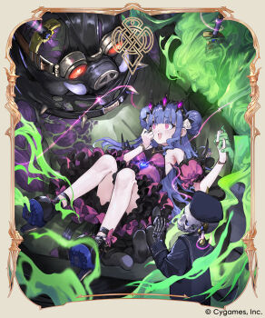 Rule 34 | 1girl, akefumi, black boots, blue hair, blue hat, boar, boots, border, commentary request, copyright notice, double bun, dress, fickle necromancer, flower, frilled dress, frills, garrison cap, hair bun, hair flower, hair ornament, hat, high heel boots, high heels, highres, holding hands, official art, ornate border, pink eyes, purple dress, shadowverse, shadowverse: worlds beyond, skeleton, sword, tusks, weapon