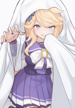 1girl animal_ears blonde_hair blue_bow blue_eyes blue_nails blush bow bowtie breasts chahiro ear_bow ear_ornament ghost_costume gold_city_(umamusume) halloween halloween_costume highres horse_ears horse_girl horse_tail large_breasts long_hair long_sleeves looking_at_viewer multicolored_nails open_mouth purple_sailor_collar purple_serafuku purple_shirt purple_skirt purple_thighhighs red_nails sailor_collar sailor_shirt school_uniform serafuku sheet_ghost shirt simple_background skirt smile solo tail teeth thighhighs tracen_school_uniform umamusume upper_teeth_only white_bow white_bowtie