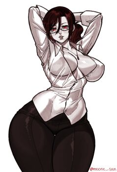 1girl absurdres aozaki_touko arms_behind_head artist_name black_pants breasts center_opening cowboy_shot curvy glasses highres jewelry kara_no_kyoukai large_breasts long_sleeves looking_at_viewer medium_hair mooo_sann necklace pants partially_open_shirt pendant red_eyes red_hair shirt simple_background solo thick_thighs thighs twitter_username white_background white_shirt wide_hips