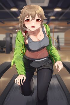 1girl black_pantyhose black_shorts blush braid braided_ponytail breasts brown_hair cleavage collarbone commentary_request drawstring exercising exhausted flying_sweatdrops green_jacket grey_sports_bra gym hair_tie heavy_breathing highres idolmaster idolmaster_cinderella_girls jacket kamille_(vcx68) pantyhose_under_shorts long_hair looking_at_viewer medium_breasts midriff navel open_mouth pantyhose red_eyes running senkawa_chihiro short_shorts shorts side_ponytail solo sports_bra stomach sweat treadmill wet wet_hair