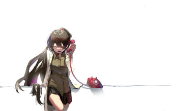 1girl ahiruuyew brown_hair carmen_(project_moon) closed_eyes coat commentary corded_phone english_commentary hand_up high_ponytail highres lab_coat lapels laughing lobotomy_corporation long_hair notched_lapels open_mouth phone ponytail project_moon simple_background sitting smile solo very_long_hair white_background white_coat