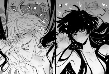 2girls angou_gakuen_no_iroha blush breasts closed_eyes commentary_request ear_blush female_pov fivef55555 greyscale heart highres holding_hands interlocked_fingers long_hair looking_at_viewer monochrome multiple_girls nude parted_lips pov small_breasts sweat toshusai_kyora yugata_tayu yuri