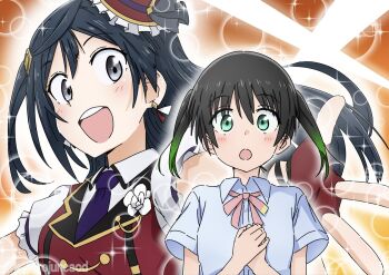 2girls :d :o black_hair blue_shirt blush buttons chase!_(love_live!) collared_shirt colored_tips commentary diamond_hair_ornament double-breasted dress_shirt fingerless_gloves floating_hair foreshortening frilled_hat frilled_sleeves frills gloves gradient_hair green_eyes green_hair grey_eyes hands_on_own_chest hat highres kerorojuncaod long_hair looking_at_viewer love_live! love_live!_nijigasaki_high_school_idol_club mini_hat mini_top_hat multicolored_hair multiple_girls neck_ribbon necktie nijigasaki_school_uniform official_alternate_costume open_mouth orange_background outstretched_arm own_hands_together pink_ribbon puffy_short_sleeves puffy_sleeves purple_necktie red_gloves red_hat red_vest ribbon school_uniform shirt short_sleeves simple_background smile sparkle summer_uniform takasaki_yu teeth tilted_headwear top_hat twitter_username upper_body upper_teeth_only vest white_background white_shirt wide-eyed yuki_setsuna