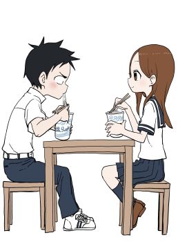 Rule 34 | 1boy, 1girl, absurdres, black hair, black legwear, black pants, black sailor collar, black skirt, blush, brown eyes, brown footwear, brown hair, chopsticks, closed mouth, collared shirt, commentary request, cup, instant cup noodles, disposable cup, eating, forehead, highres, holding, holding chopsticks, holding cup, instant cup noodles, instant noodles, karakai jouzu no takagi-san, loafers, long hair, looking at another, nishikata, official art, pants, parted bangs, pleated skirt, profile, sailor collar, school uniform, serafuku, shirt, shoes, short sleeves, simple background, sitting, skirt, smile, sneakers, socks, table, takagi-san, white background, white footwear, white shirt, yamamoto souichirou