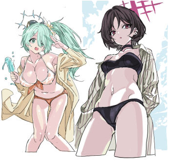 2girls aqua_hair bikini bikini_under_clothes black_bikini black_choker black_hair blue_archive breasts choker eyewear_on_head flower hair_flower hair_ornament hair_over_one_eye halo highres hiyori_(blue_archive) hiyori_(swimsuit)_(blue_archive) large_breasts long_hair medium_breasts misaki_(blue_archive) misaki_(swimsuit)_(blue_archive) multiple_girls navel nobita_(makoto7060355) official_alternate_costume orange_bikini pinstripe_pattern red_eyes red_halo shirt short_hair side_ponytail striped_clothes striped_shirt sunglasses swimsuit vertical-striped_clothes vertical-striped_shirt