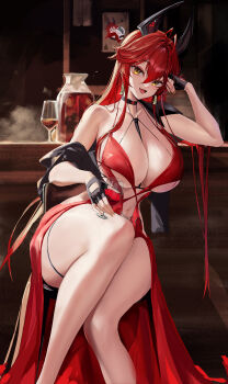 1girl absurdres alcohol antenna_hair bar_(place) bare_shoulders between_breasts black_gloves black_jacket blush breasts cleavage collarbone commentary_request criss-cross_straps cup dress drinking_glass dust earrings evening_gown fang fingerless_gloves fingernails glint gloves goddess_of_victory:_nikke guhio_pao_cha hair_between_eyes hair_intakes hand_in_own_hair hand_up highres holding holding_cup horns jacket jewelry large_breasts legs light_particles light_smile long_fingernails long_hair long_sleeves mechanical_horns nail_polish navel off_shoulder official_alternate_costume on_stool open_clothes open_jacket open_mouth pink_nails poster_(object) red_dress red_hair red_hood_(nikke) red_hood_(nonsense_red)_(nikke) red_wine sidelocks sitting skin_fang snow_white_(nikke) solo steam stool swept_bangs thick_thighs thighs underboob very_long_hair wine yellow_eyes