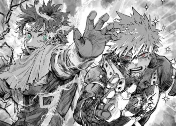 2boys bakugou_katsuki black_whip_(boku_no_hero_academia) boku_no_hero_academia bruise bruise_on_chest bruise_on_face cape gloves green_eyes greyscale highres injury looking_at_viewer male_focus midoriya_izuku monochrome multiple_boys red_eyes short_hair spiked_hair spot_color superhero_costume torn_cape torn_clothes upper_body watteru22