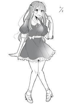 1girl :d absurdres blush breasts collared_dress commentary_request contrast_collar dated dress frilled_dress frills fujishima_megumi full_body greyscale high_heels highres holding holding_own_hair large_breasts link!_like!_love_live! long_hair love_live! monochrome neck_ribbon nunyara361 open_mouth puffy_short_sleeves puffy_sleeves ribbon round_collar shoes short_dress short_sleeves simple_background smile solo two_side_up virtual_youtuber white_background