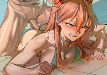 1girl age_difference alternate_breast_size_(larger) antenna_hair armpits ass bare_arms bare_shoulders barefoot bent_over bikini black_shorts blue_eyes blush breast_press breasts breasts_squeezed_together brown_hair bush cleavage clenched_teeth clothed_female_nude_male cloudy_rain4 collarbone collared_shirt curvy day embarrassed eyelashes fang frown grabbing_from_behind green_bikini hair_between_eyes hair_ornament hair_over_shoulder hetero highleg highleg_bikini highres huge_ass legs long_hair lying medium_breasts medium_hair messy_hair midriff moaning neon_genesis_evangelion nude on_stomach one-piece_swimsuit orange_hair parted_lips penis pool poolside prone_bone red_eyes red_lips restrained rolling_eyes sex sex_from_behind shiny_skin shirt short_sleeves shorts side-tie_bikini_bottom sidelocks simple_background souryuu_asuka_langley sunlight swimsuit teeth testicles thigh_strap thighs thong thong_bikini tsundere two_side_up unbuttoned very_long_hair water wide_hips