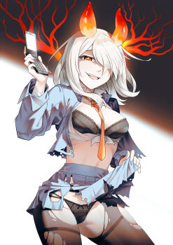 +_+ 1girl :d absurdres between_breasts black_panties blue_jacket blue_skirt bra breasts chibi cleavage clothes_lift collared_shirt commentary commission cosplay cropped_jacket cropped_shirt de_lacey_(faraway_hotline)_(neural_cloud) de_lacey_(neural_cloud) de_lacey_(neural_cloud)_(cosplay) demon_horns english_commentary evil_smile from_below girls&#039;_frontline girls&#039;_frontline_neural_cloud hair_over_one_eye hand_up highres holding holding_phone horns jacket lace lace-trimmed_bra lace-trimmed_panties lace_trim leaning_forward lifting_own_clothes looking_at_viewer looking_down malkira_(neural_cloud) medium_breasts medium_hair midriff miniskirt navel necktie necktie_between_breasts open_mouth orange_eyes orange_necktie panties pantyhose phone pixiv_commission pleated_skirt presenting senpaihawkkun shirt skirt skirt_lift smile smug solo standing star-shaped_pupils star_(symbol) symbol-shaped_pupils torn_clothes torn_jacket torn_pantyhose torn_shirt torn_skirt underwear white_hair white_shirt