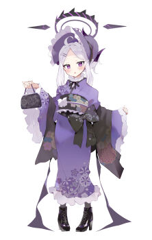 1girl absurdres ahoge bag black_bag black_boots black_bow black_halo black_horns black_ribbon blue_archive blush bonnet boots bow commentary_request demon_girl demon_horns demon_wings floral_print floral_print_kimono frilled_bonnet frills full_body furisode hair_ornament hairclip halo handbag high_collar high_heels highres hina_(blue_archive) holding holding_bag horns japanese_clothes kimono lolita_fashion long_hair long_sleeves looking_at_viewer low_wings multiple_horns neck_ribbon obi obiage obijime open_mouth parallel_hairclips parted_bangs print_kimono purple_bonnet purple_eyes purple_kimono purple_wings ribbon sash simple_background solo standing stole updo ura_ra1800 wa_lolita white_background white_hair wide_sleeves wings