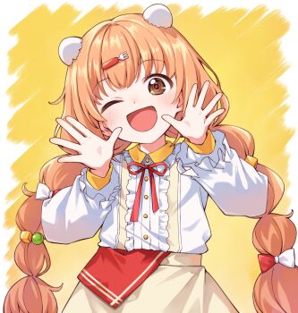 1girl ;d apron blush braid brown_apron center_frills collared_dress dress egg_hair_ornament food-themed_hair_ornament fork_hair_ornament frilled_dress frills hair_ornament hairclip hands_up highres kirara_tamako kirara_tamako_(1st_costume) layered_sleeves long_hair long_sleeves looking_at_viewer low_twin_braids medeshima_marota neck_ribbon nijisanji object_in_pocket one_eye_closed open_hands open_mouth orange_eyes orange_hair pocket red_ribbon ribbon simple_background smile solo standing twin_braids upper_body virtual_youtuber white_dress yellow_background