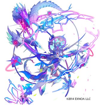 1girl blue_hair character_request commentary_request copyright_notice electricity hat highres holding holding_weapon leotard multicolored_hair oshiro_project:re pink_eyes solo streaked_hair tail thighhighs weapon white_hair white_hat white_thighhighs z-ton