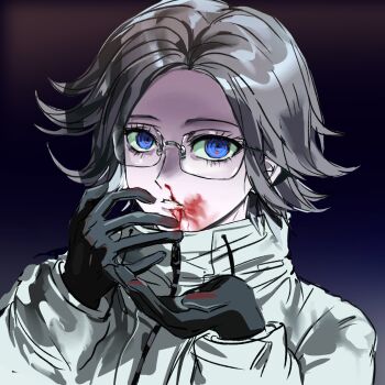 1boy aotsuki_eito black_gloves blood blood_from_mouth blood_on_clothes blood_on_face blood_on_gloves blood_on_hands blue_background blue_eyes eyebrows eyelashes glasses gloves gradient_background grey_hair highres long_sleeves male_focus nosebleed parted_hair portrait simple_background solo solo_focus the_hundred_line_-last_defense_academy- upper_body white_background