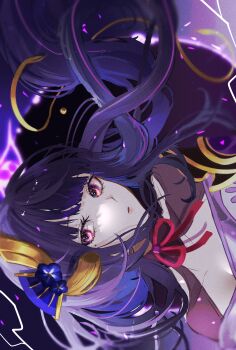 Rule 34 | 1girl, absurdres, armor, blue flower, blunt bangs, blurry, breasts, cleavage, clothing cutout, commentary request, depth of field, electricity, fan hair ornament, flower, flower ornament, genshin impact, hair ornament, highres, japanese clothes, kimono, mole, mole under eye, multicolored eyes, multicolored hair, neck ribbon, off shoulder, open mouth, purple background, purple eyes, purple hair, purple kimono, raiden shogun, rayla (rayla illust), red ribbon, ribbon, shade, shoulder armor, shoulder cutout, solo, streaked hair, upper body