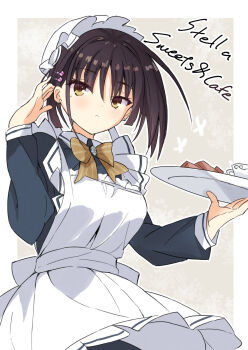 1girl adjusting_hair apron black_dress black_hair blush border bow bowtie bun_cover cafe_stella_to_shinigami_no_chou commentary cowboy_shot dress earrings eyes_visible_through_hair frilled_apron frills from_below grey_background hair_behind_ear hair_between_eyes hair_bun hair_ornament hairclip hands_up highres holding holding_tray jewelry long_sleeves looking_at_viewer maid maid_apron medium_hair mole mole_under_eye nowa2109 outside_border parallel_hairclips parted_lips shiki_natsume simple_background single_hair_bun solo stud_earrings tray white_apron white_border yellow_bow yellow_bowtie yellow_eyes