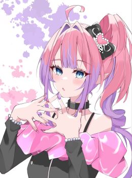 1girl ahoge black_collar black_shirt blue_eyes collar commentary_request drill_hair drill_ponytail highres hololive hololive_dev_is kikirara_vivi kikirara_vivi_(flowglow_uniform) liyaku looking_at_viewer multicolored_hair nail_polish official_alternate_costume pink_hair pointy_ears ponytail purple_hair purple_nails shirt solo streaked_hair virtual_youtuber