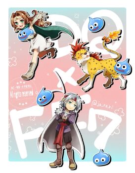 1boy 1girl aerith_gainsborough aerith_gainsborough_(supreme_sage_garb) animal aqua_eyes armor armored_boots black_gloves black_pants boots border bow brown_boots brown_hair circlet cloak cosplay creature crossed_arms dress elbow_gloves final_fantasy final_fantasy_vii final_fantasy_vii_ever_crisis fire flame-tipped_tail frown full_body fur-trimmed_cloak fur_trim gloves green_cloak green_eyes grey_boots grey_gloves grey_hair headband holding holding_creature jacket jo_ro_ri long_hair official_alternate_costume open_mouth orange_bow pants parted_bangs pauldrons pisaro pisaro_(cosplay) pointy_ears purple_jacket red_headband red_xiii red_xiii_(great_sabrecat) sage_(dq3) sage_(dq3)_(cosplay) scar scar_across_eye scar_on_face sephiroth sephiroth_(banesword_style) sephiroth_(ever_crisis) short_dress short_hair shoulder_armor shoulder_spikes sidelocks single_pauldron skull_ornament slime_(dragon_quest) smile spikes tail tail_bow tail_ornament twitter_username white_border white_dress