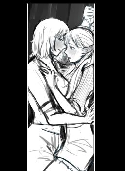 2girls blush chuan3 dungeon_meshi elf falin_touden falin_touden_(tallman) greyscale highres leg_between_thighs long_hair marcille_donato monochrome multiple_girls parted_lips pointy_ears short_hair short_sleeves smile stuck_in_a_box yuri