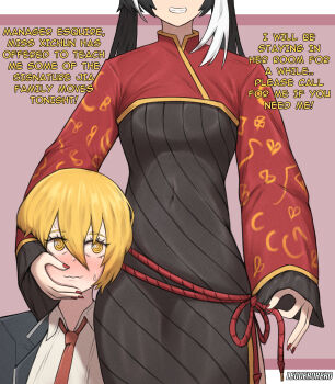 2girls @_@ absurdres black_dress black_hair blonde_hair blush breasts chinese_clothes coat collared_shirt commentary covered_navel don_quixote_(project_moon) dress english_commentary frilled_sleeves frills grin hand_on_another&#039;s_cheek hand_on_another&#039;s_face highres jacket jia_xichun_(project_moon) leoderorero limbus_company long_hair long_sleeves multicolored_hair multiple_girls necktie pink_background project_moon red_nails red_necktie red_shrug red_sleeves rope_belt shirt short_hair shrug_(clothing) side_slit simple_background smile streaked_hair sweat teeth twintails white_background white_shirt white_streaks yellow_eyes yuri