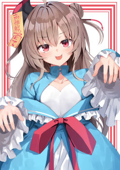 1girl :p absurdres ahoge alternate_costume alternate_hairstyle atri atri-my_dear_moments- blue_dress blush bow brown_hair closed_mouth commentary cowboy_shot double_bun dress eyes_visible_through_hair flying_sweatdrops hair_between_eyes hair_bun hair_intakes highres jiangshi_costume long_hair long_sleeves looking_at_viewer nodoameyatou ofuda outstretched_arms red_bow red_eyes sidelocks simple_background smile smug solo tongue tongue_out two_side_up v-shaped_eyebrows white_background wide_sleeves zombie_pose