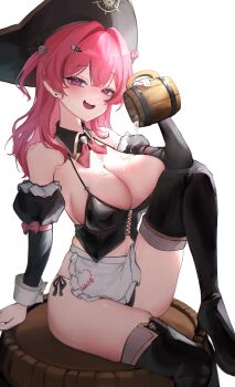 1girl absurdres apron arm_bow bare_shoulders barrel black_boots black_bustier black_hat black_panties black_sleeves black_thighhighs blush boots bow breasts bustier character_name cleavage commentary cup detached_collar earrings eyelashes fang food_on_body food_on_breasts frilled_apron frills goddess_of_victory:_nikke hair_ornament hairclip hat hat_ornament hat_pin heart heart_earrings heart_in_eye highres holding holding_cup huge_breasts jewelry knee_up long_hair long_sleeves looking_at_viewer maid_apron mast_(nikke) mast_(romantic_maid)_(nikke) navel neck_ribbon nkvl04 open_mouth panties pink_bow pink_eyes pink_hair ribbon side-tie_panties simple_background skin_fang skull_collar skull_hair_ornament skull_hat_ornament sleeve_garter smile solo stud_earrings symbol_in_eye thigh_boots thighhighs thighs two_side_up underwear waist_apron white_apron white_background white_wrist_cuffs wrist_cuffs