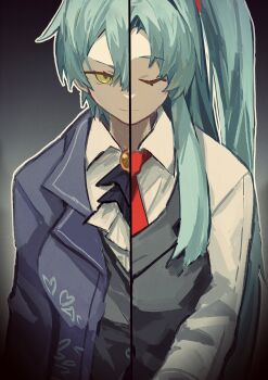 2girls angela_(project_moon) ascot black_vest blue_coat blue_hair breasts closed_eyes closed_mouth coat collared_shirt dual_persona expressionless highres lab_coat large_breasts library_of_ruina lobotomy_corporation long_hair looking_at_viewer multiple_girls one_side_up project_moon shirt short_hair sidelocks south_ac split_screen very_long_hair vest white_ascot white_coat white_shirt wing_collar yellow_eyes
