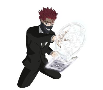Rule 34 | 1boy, absurdres, black clover, black clover m: rise of the wizard king, black jacket, black mask, black necktie, black pants, black suit, blue eyes, book, collared shirt, formal clothes, grimoire, grin, highres, jacket, looking at viewer, magic circle, mask, mouth mask, necktie, non-web source, official alternate costume, official art, open book, pants, red hair, sharp teeth, shirt, short hair, simple background, smile, solo, suit, teeth, transparent background, white shirt, zora ideale