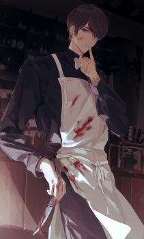 1boy absurdres animification apron avataro_sentai_donbrothers black_pants black_shirt blood blood_on_face blood_on_hands bloody_knife blue_eyes bow bowtie cafe coffee coffee_pot counter doran_(doran7280) earrings goshikida_kaito highres jewelry knife male_focus pants shelf shirt short_hair stud_earrings sunlight super_sentai white_bow white_bowtie