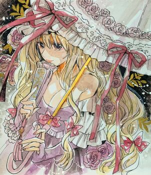 1girl absurdres bare_shoulders blonde_hair breasts bridal_gauntlets cleavage cowboy_shot detached_sleeves dress flower gen_1_pokemon hand_fan hat highres holding holding_fan holding_umbrella iori_(akaringo) large_breasts long_hair mob_cap paras parasol pokemon purple_bridal_gauntlets purple_dress rose solo strapless strapless_dress touhou umbrella very_long_hair white_sleeves yakumo_yukari