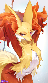 1girl animal_ears animal_nose arched_back armpits arms_behind_head arms_up artist_name body_fur closed_mouth cowboy_shot delphox female_focus flat_chest fluffy fox_ears fox_girl fox_tail furry furry_female gen_6_pokemon half-closed_eyes happy highres holding holding_stick leaning_forward looking_at_viewer mature_female multicolored_fur navel nintendo pokemon pokemon_(creature) red_eyes red_fur signature simple_background smile snout solo sparkle standing stick stomach suahh tail white_fur yellow_fur
