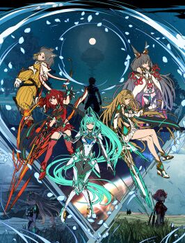 1boy 5girls absurdly_long_hair absurdres animal_ears blonde_hair cat_ears cat_girl commentary_request green_eyes green_hair grey_hair highres long_hair matching_hair/eyes multiple_girls multiple_persona mythra_(xenoblade) nia_(blade)_(xenoblade) nia_(xenoblade) pneuma_(xenoblade) ponytail poteto_(potetosarada123) pyra_(xenoblade) red_eyes red_hair rex_(xenoblade) short_hair spoilers very_long_hair xenoblade_chronicles_(series) xenoblade_chronicles_2 yellow_eyes