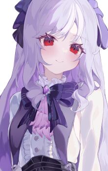 1girl ahoge blush bow breasts drill_hair frills highres large_breasts long_hair long_sleeves looking_at_viewer mole mole_under_eye multicolored_hair pointy_ears purple_bow purple_hair red_eyes shirt solo streaked_hair urachi vivian_banshee zenless_zone_zero