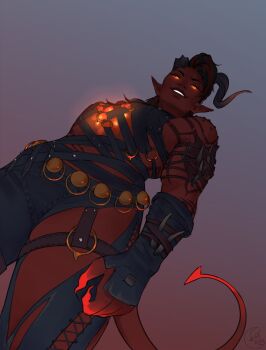 Rule 34 | 1girl, arm tattoo, aviancali, baldur's gate, baldur's gate 3, bracer, broken horn, colored skin, curled horns, from below, glowing, glowing eyes, gradient background, highres, horns, karlach, o-ring, pointy ears, red skin, solo, standing, tail, tattoo