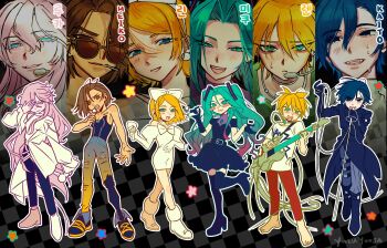 2boys 4girls alien_stage aqua_eyes aqua_hair barefoot belt black_dress black_eyes black_tank_top blonde_hair blue_eyes blue_hair blue_pants bow brown_eyes brown_hair closed_mouth colored_extremities covering_one_eye dress guitar hatsune_miku highres holding holding_microphone instrument kagamine_len kagamine_rin kaito_(vocaloid) megurine_luka meiko_(vocaloid) microphone multiple_boys multiple_girls open_mouth pants parody pink_hair prosthesis prosthetic_leg red_pants shirt smile sunglasses sweatdrop tank_top twintails vocaloid white_bow white_shirt yuzuyooja