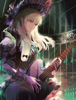 1girl animal_ears arknights bang_dream! bang_dream!_it&#039;s_mygo!!!!! black_bonnet black_dress black_gloves bonnet cage chengye_mo_shu chinese_commentary closed_mouth commentary_request cowboy_shot dress earrings expressionless floppy_ears gloves gothic_lolita green_hair guitar highres holding holding_guitar holding_instrument instrument jewelry lolita_fashion long_hair long_sleeves music playing_guitar playing_instrument puppet_strings rabbit_ears rabbit_girl sidelocks solo standing wakaba_mutsumi wakaba_mutsumi_(marionette&#039;s_id) yellow_eyes