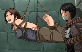 2girls arms_behind_back asian ass barefoot bdsm black_hair bondage bound bound_ankles bound_wrists breasts brown_eyes brown_hair cloth_gag gag gagged highres hogtie improvised_gag lara_croft looking_at_another lost_one_zero medium_breasts multiple_girls cloth_gag samantha_nishimura tomb_raider tomb_raider_(reboot)
